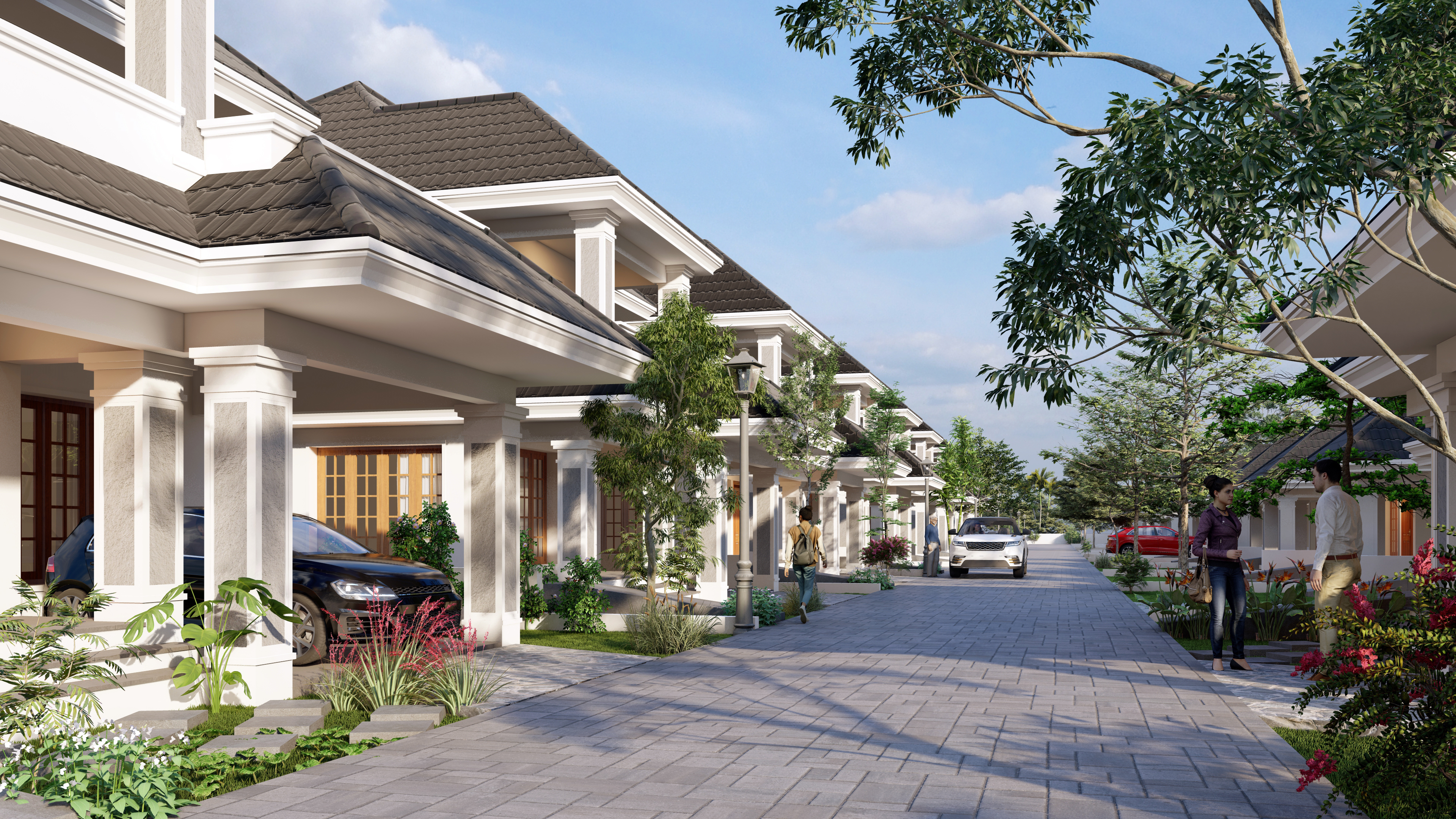 Tree-lined streets and villa facades at Nirvana Living